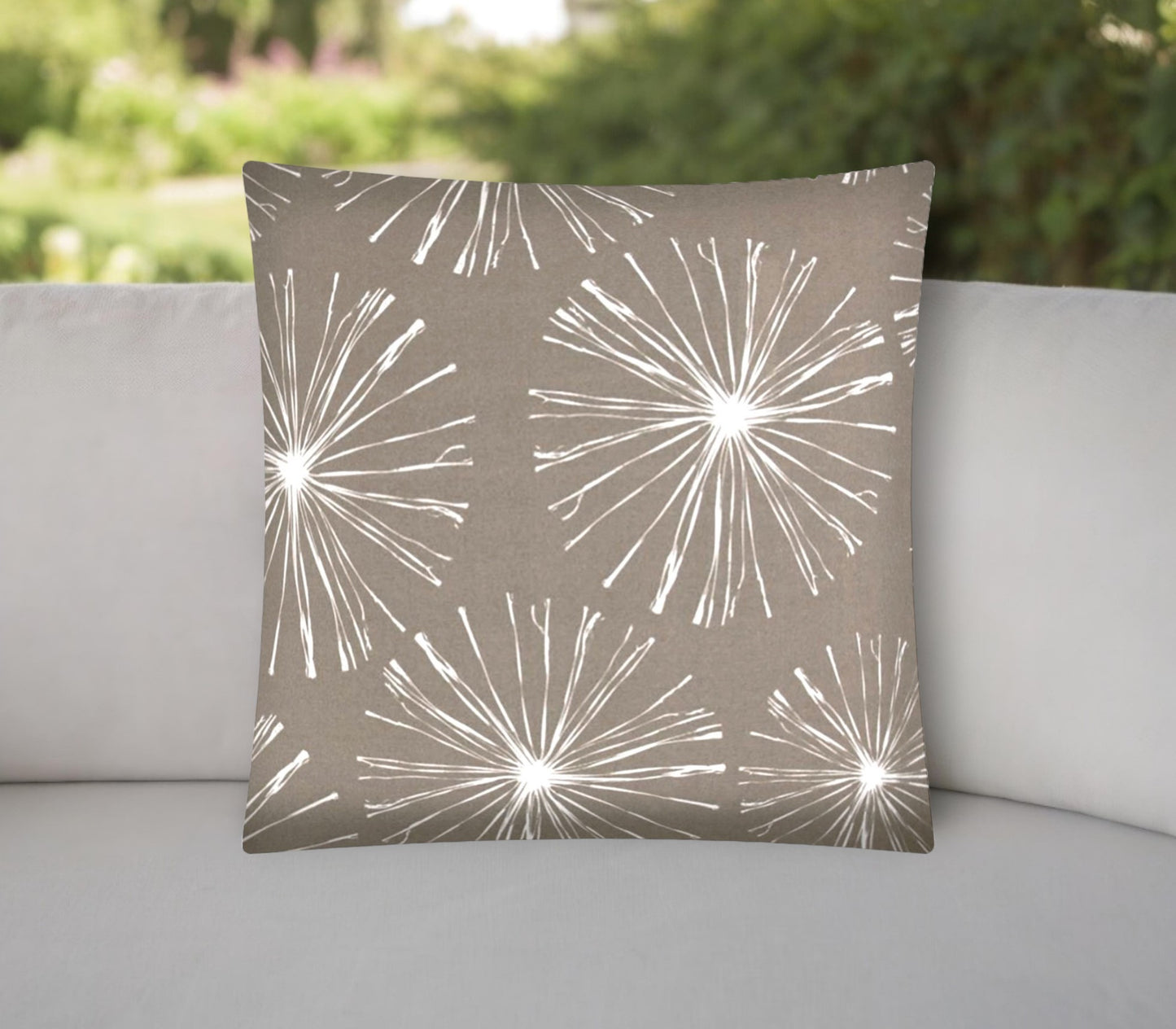 17" Taupe and White Fireworks Indoor Outdoor Throw Pillow Cover