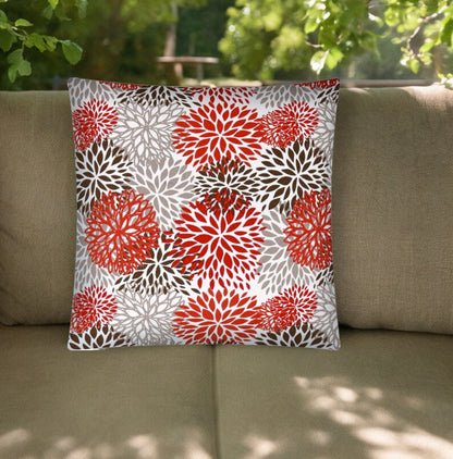 17" Red Taupe and White Floral Indoor Outdoor Throw Pillow Cover