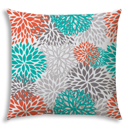 20" Gray Orange and White Floral Indoor Outdoor Throw Pillow Cover