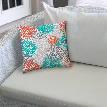 20" Gray Orange and White Floral Indoor Outdoor Throw Pillow Cover