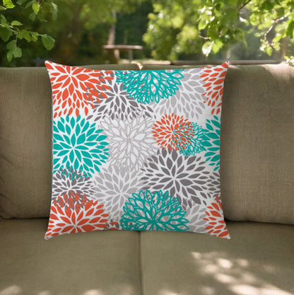 20" Gray Orange and White Floral Indoor Outdoor Throw Pillow Cover