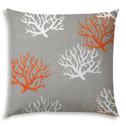 20" Gray Orange and White Coral Indoor Outdoor Throw Pillow Cover