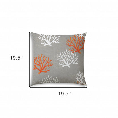 20" Gray Orange and White Coral Indoor Outdoor Throw Pillow Cover