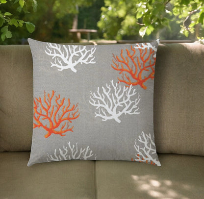 20" Gray Orange and White Coral Indoor Outdoor Throw Pillow Cover