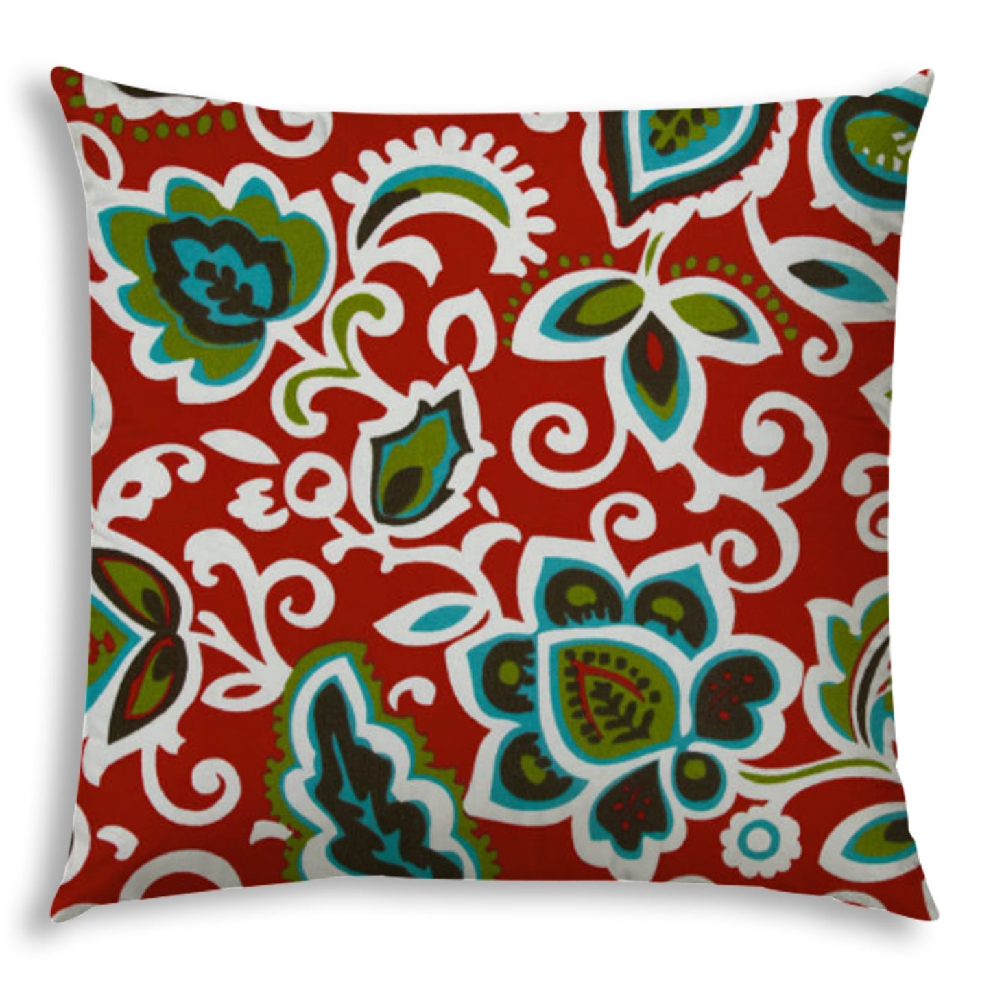 20" X 20" Red And Aqua Green Zippered Polyester Floral Throw Pillow Cover