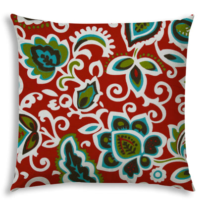 20" X 20" Red And Aqua Green Zippered Polyester Floral Throw Pillow Cover