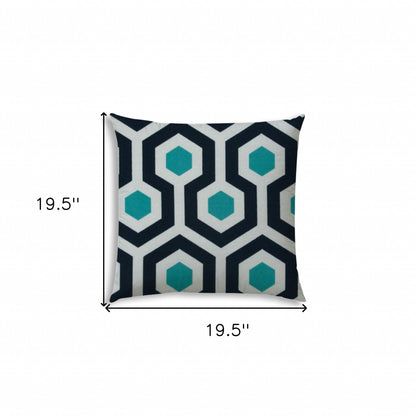 20" Aqua Navy and White Geometric Indoor Outdoor Throw Pillow Cover