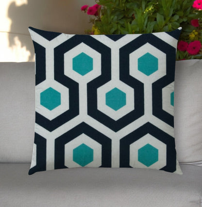 20" Aqua Navy and White Geometric Indoor Outdoor Throw Pillow Cover