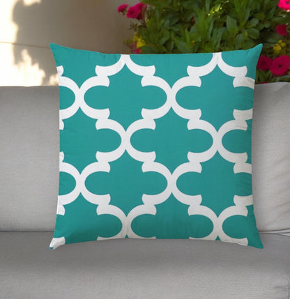 20" Turquoise and White Quatrefoil Indoor Outdoor Throw Pillow Cover