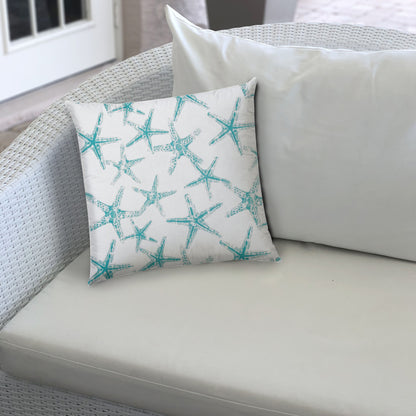 20" Turquoise and White Starfish Coastal Indoor Outdoor Throw Pillow Cover