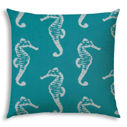 20" Turquoise and White Seahorse Coastal Indoor Outdoor Throw Pillow Cover