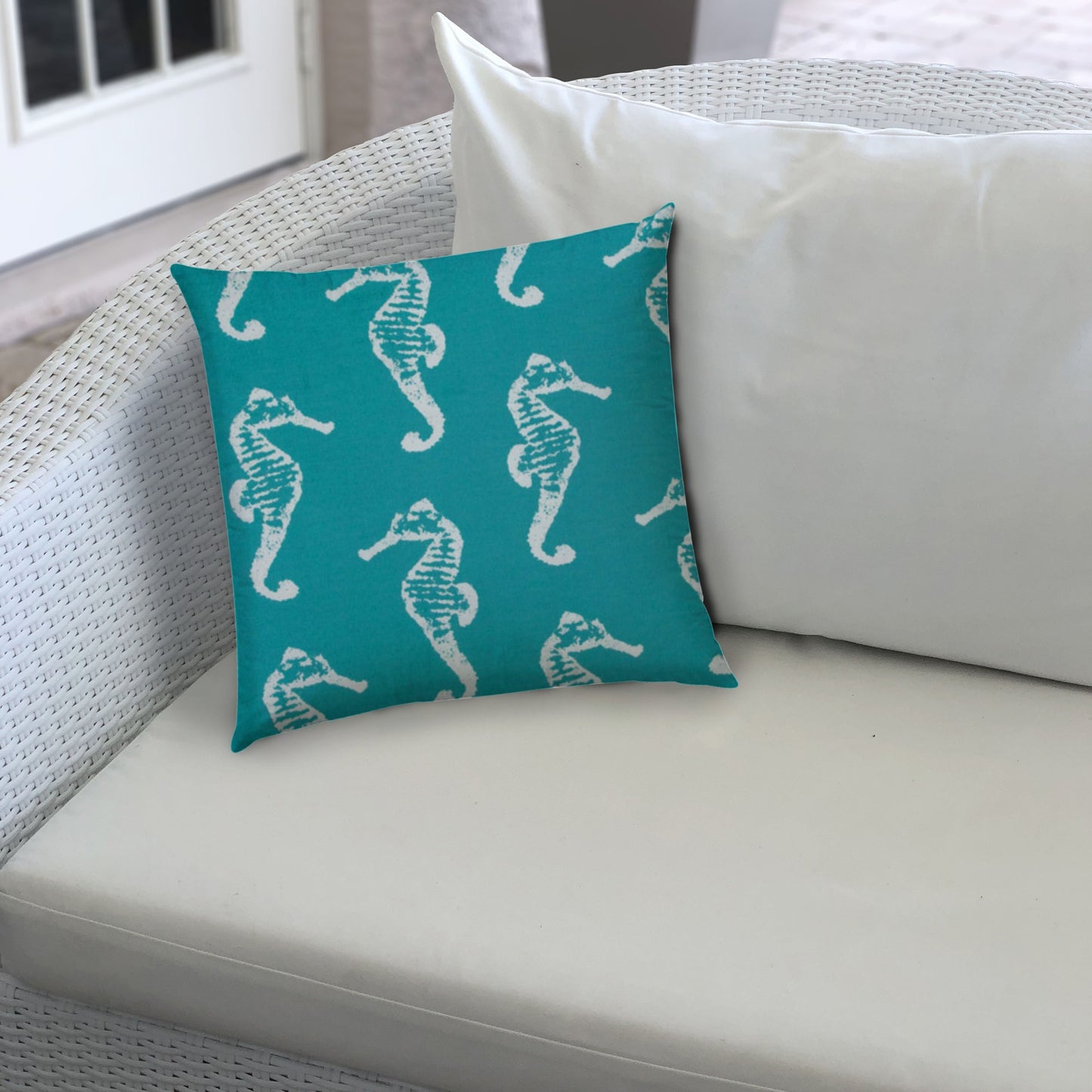 20" Turquoise and White Seahorse Coastal Indoor Outdoor Throw Pillow Cover