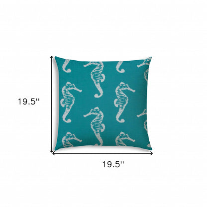 20" Turquoise and White Seahorse Coastal Indoor Outdoor Throw Pillow Cover