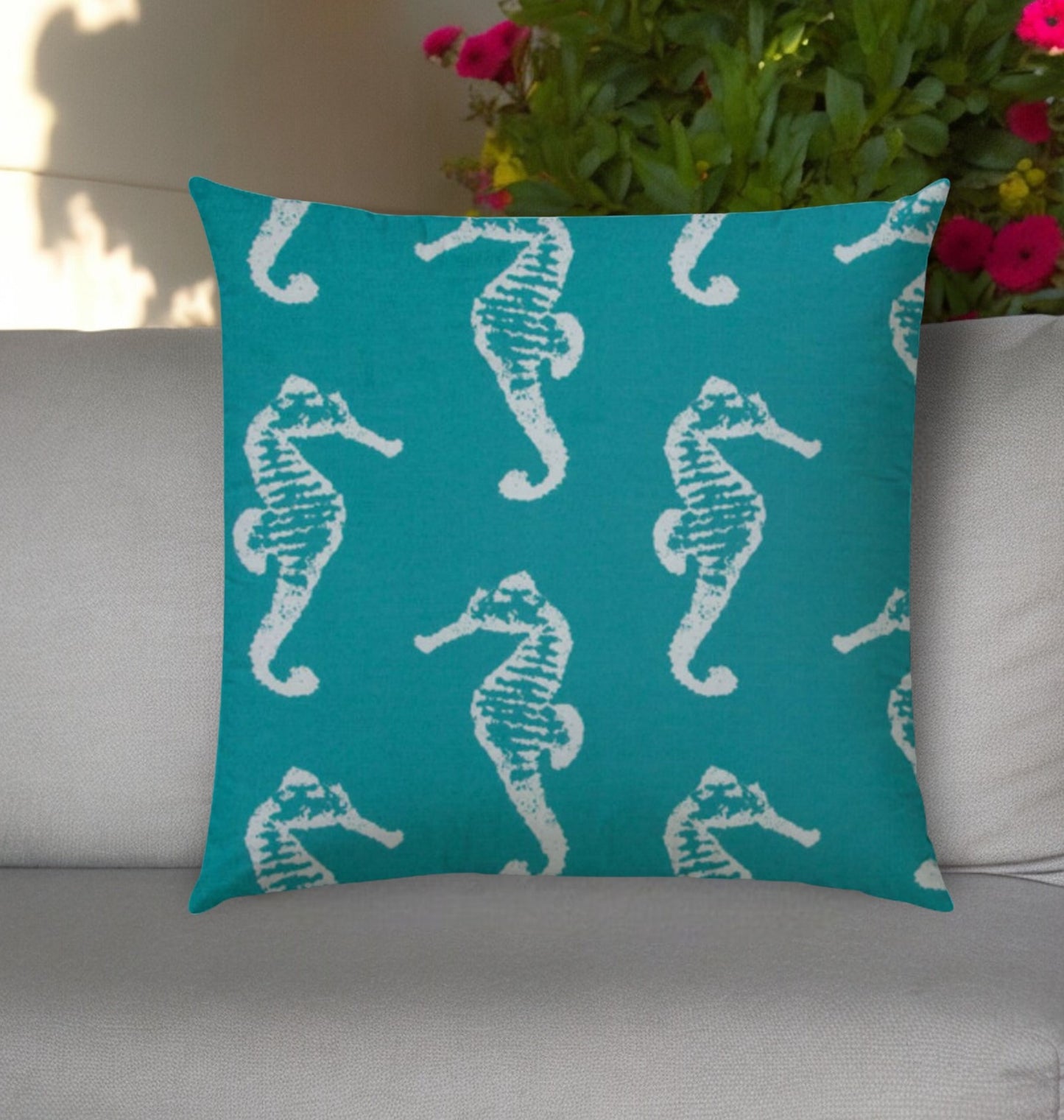 20" Turquoise and White Seahorse Coastal Indoor Outdoor Throw Pillow Cover