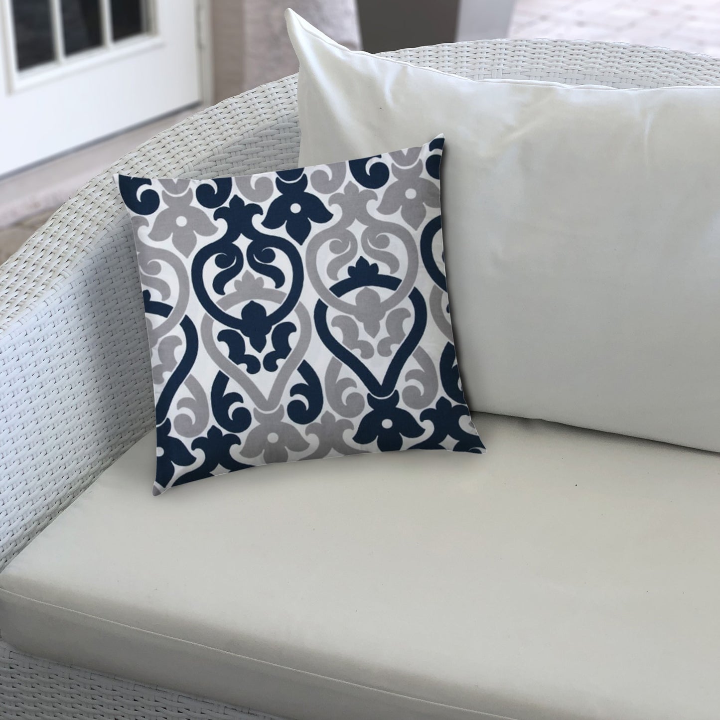 20" Navy Gray and White Damask Indoor Outdoor Throw Pillow Cover