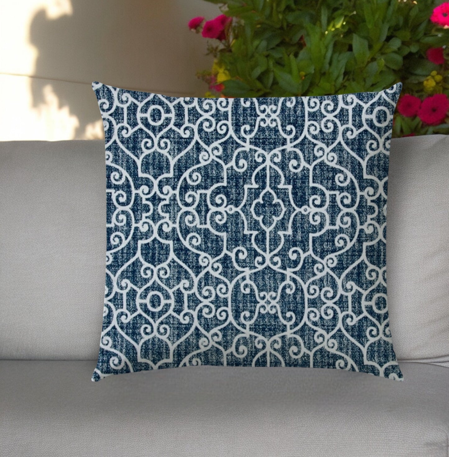 20" Indigo and Ivory Trellis Indoor Outdoor Throw Pillow Cover