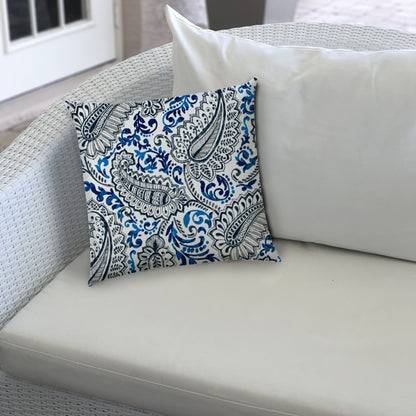 20" Blue Gray and White Paisley Indoor Outdoor Throw Pillow Cover