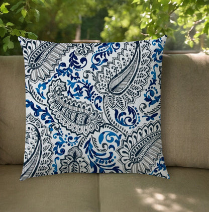 20" Blue Gray and White Paisley Indoor Outdoor Throw Pillow Cover