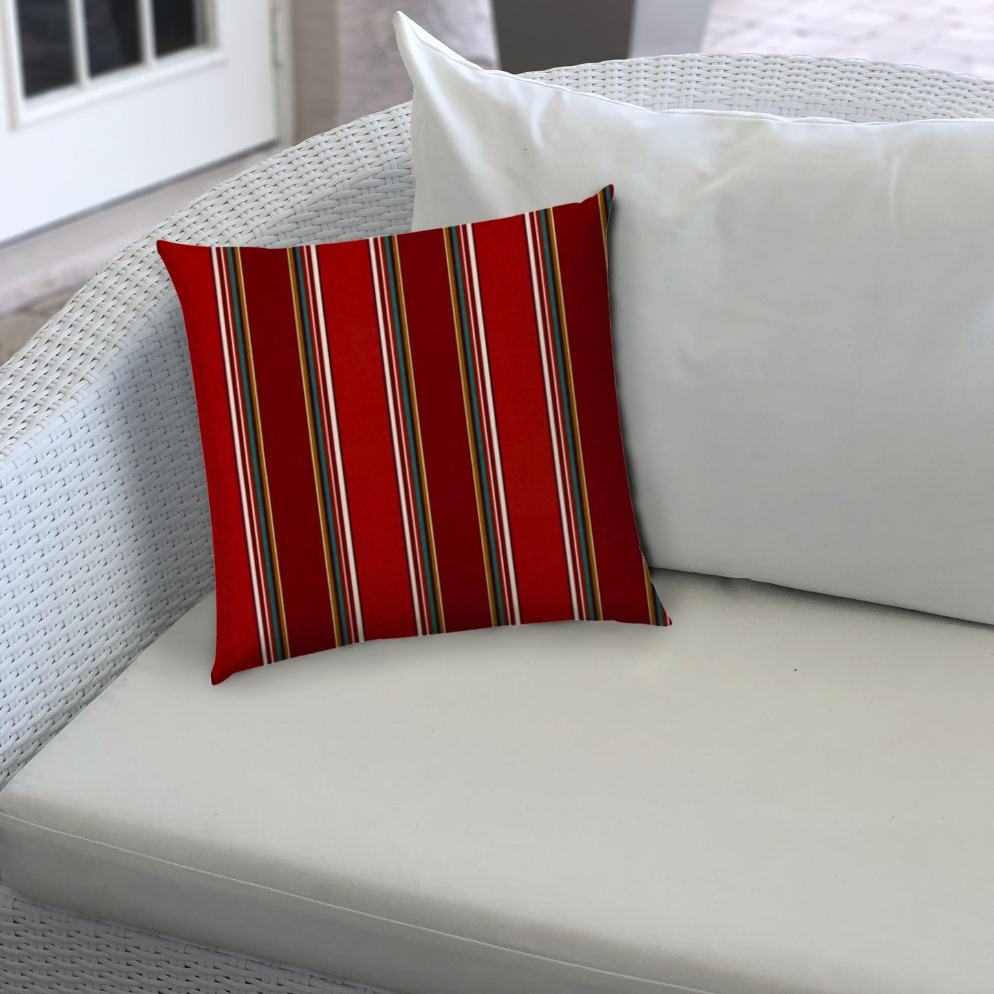 20" Red Green and White Striped Indoor Outdoor Throw Pillow Cover