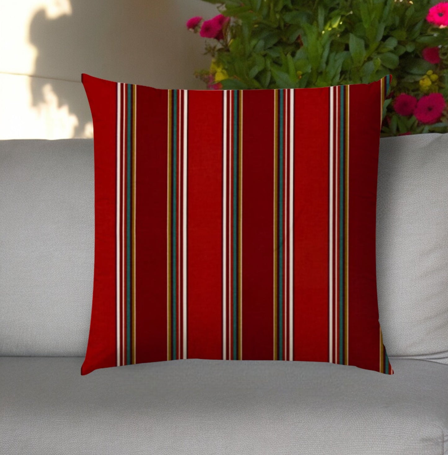 20" Red Green and White Striped Indoor Outdoor Throw Pillow Cover