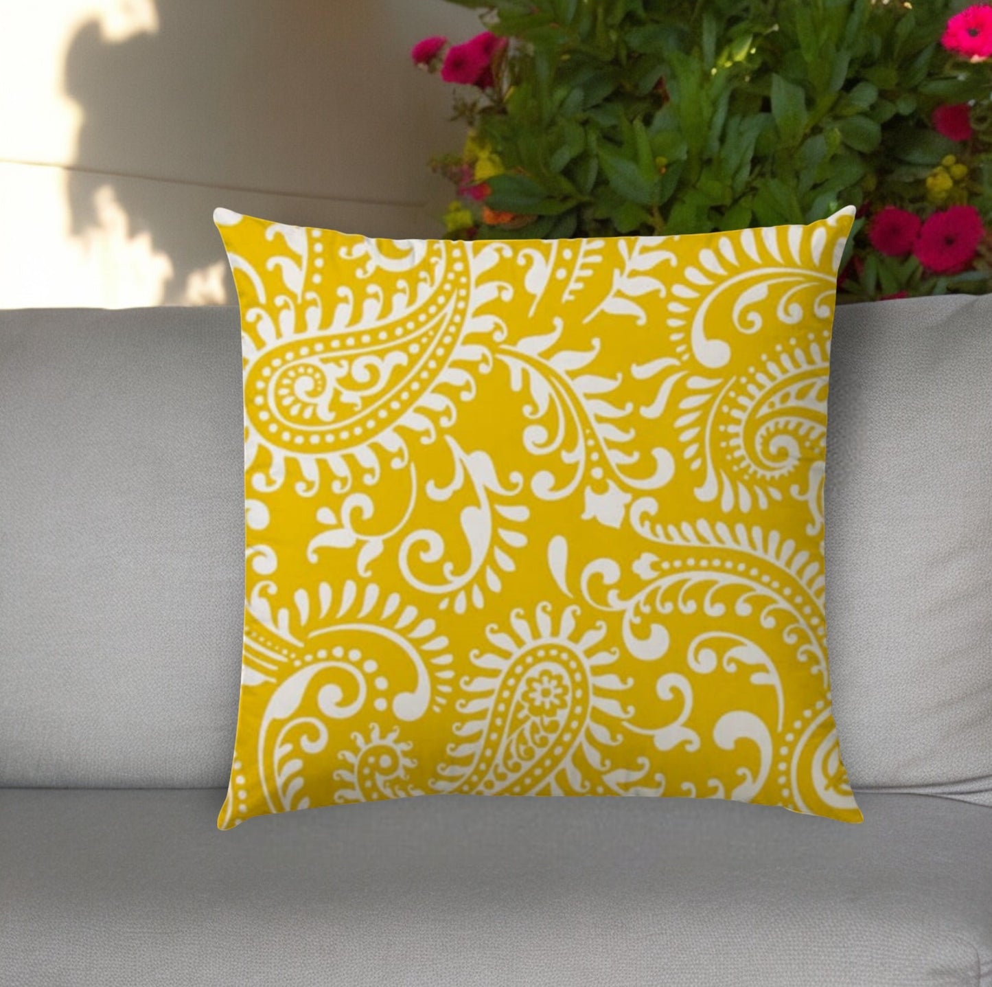 20" Yellow and White Paisley Indoor Outdoor Throw Pillow Cover