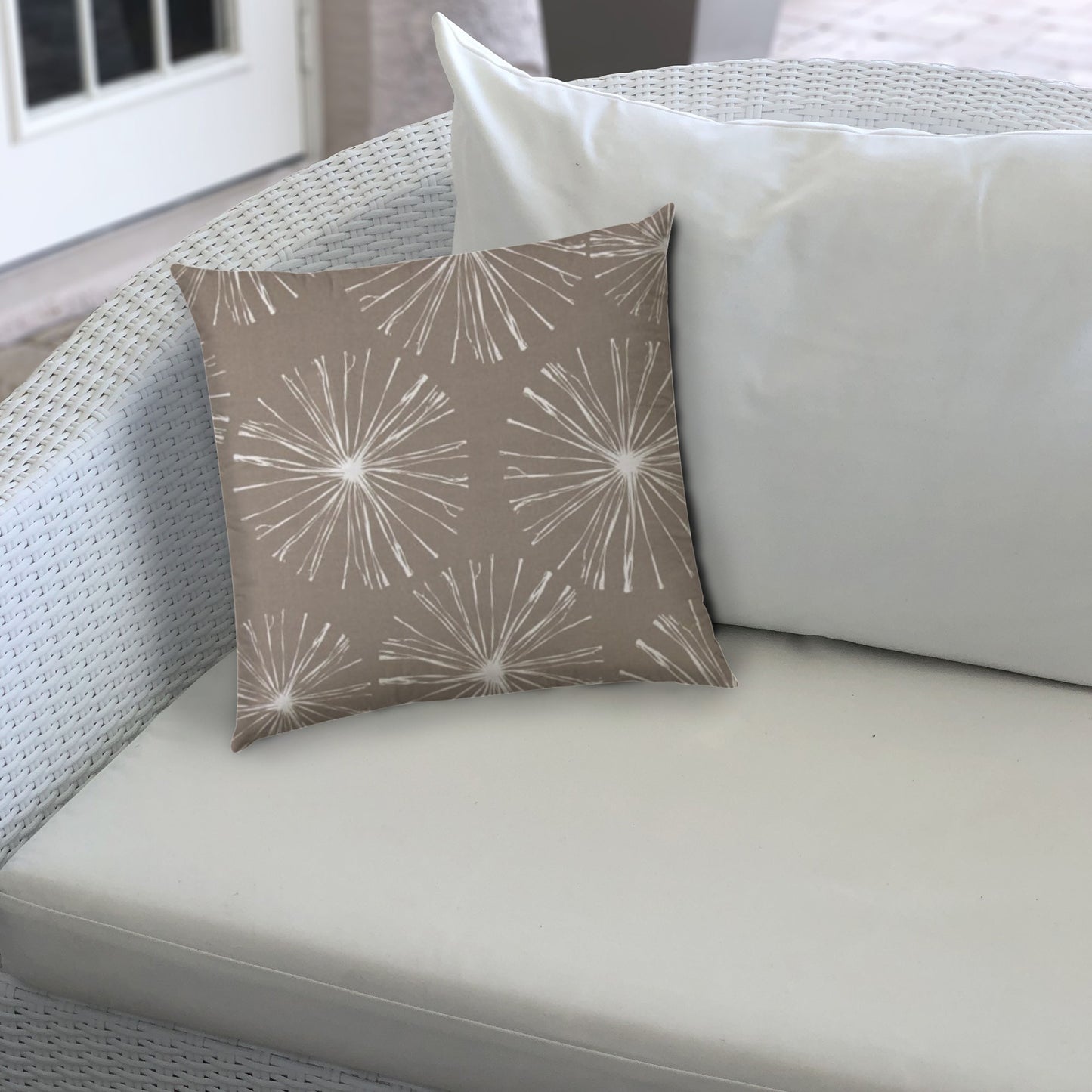 20" Taupe and White Starburst Fireworks Indoor Outdoor Throw Pillow Cover