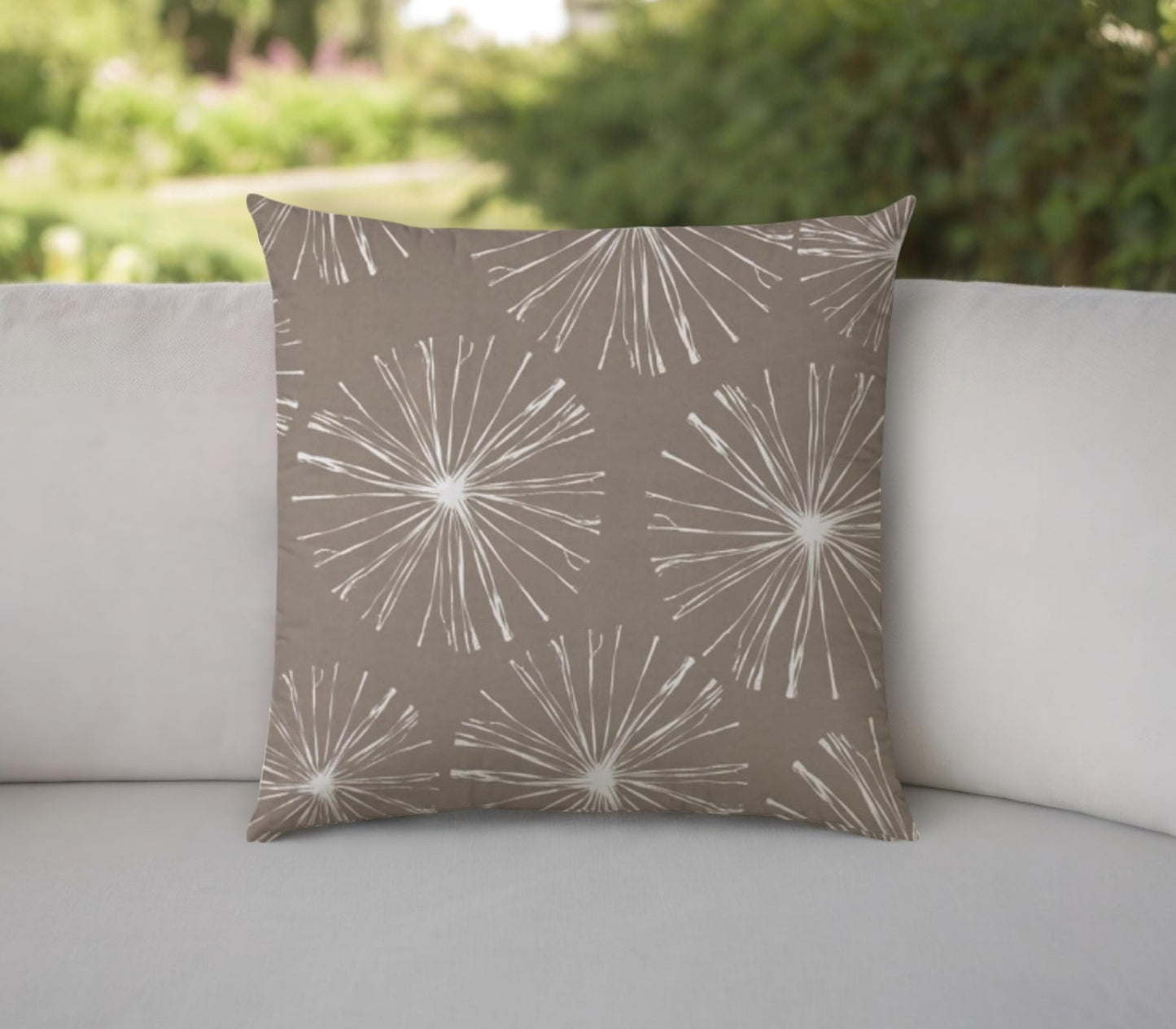 20" Taupe and White Starburst Fireworks Indoor Outdoor Throw Pillow Cover