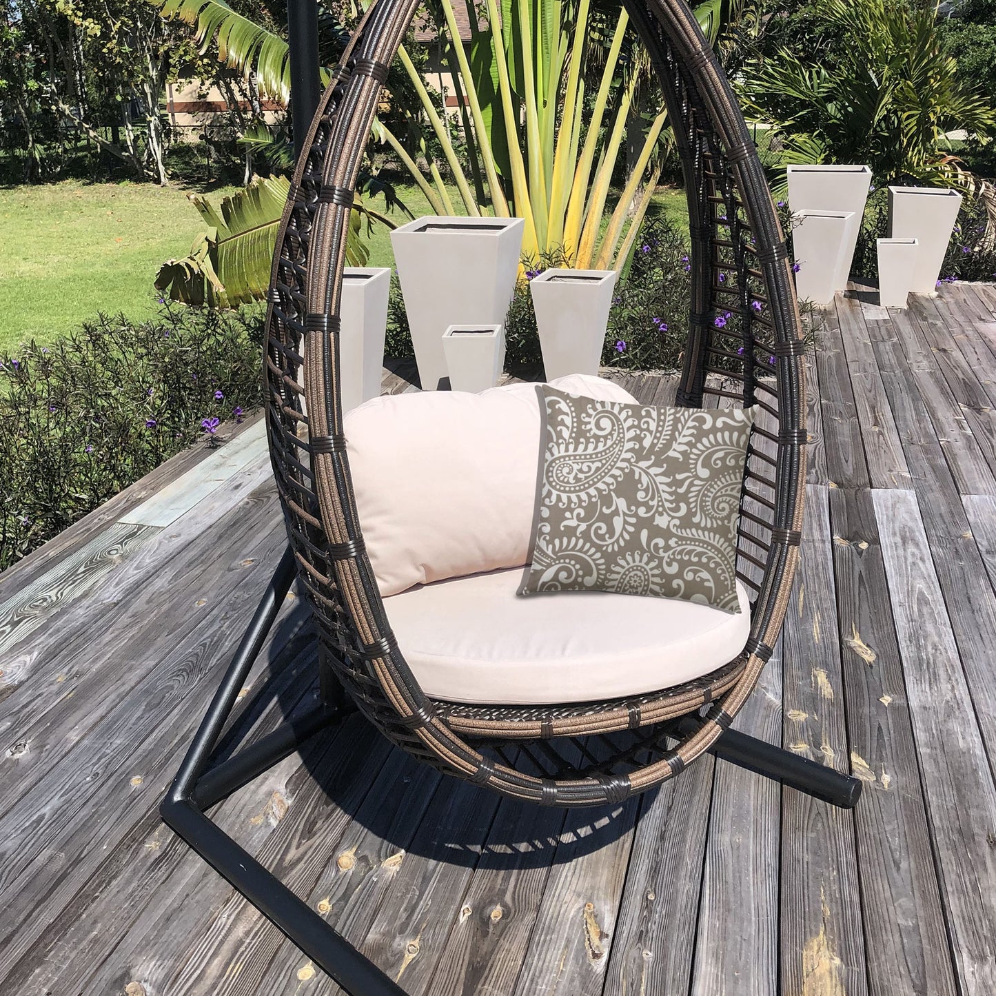 20" Taupe and White Paisley Indoor Outdoor Throw Pillow Cover