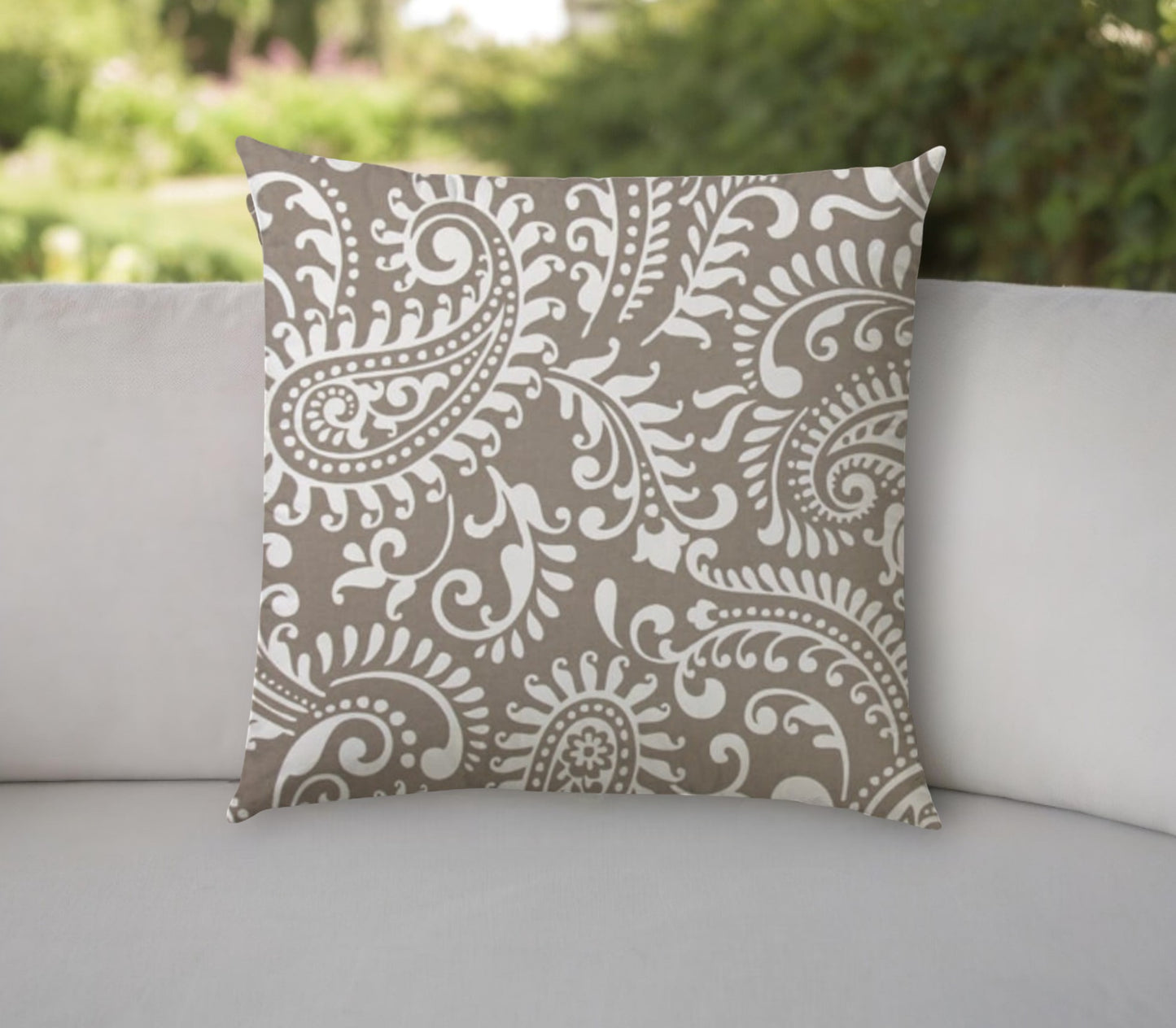 20" Taupe and White Paisley Indoor Outdoor Throw Pillow Cover