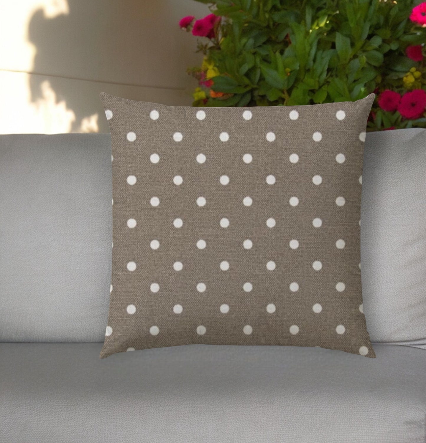 20" Taupe and White Polka Dot Indoor Outdoor Throw Pillow Cover