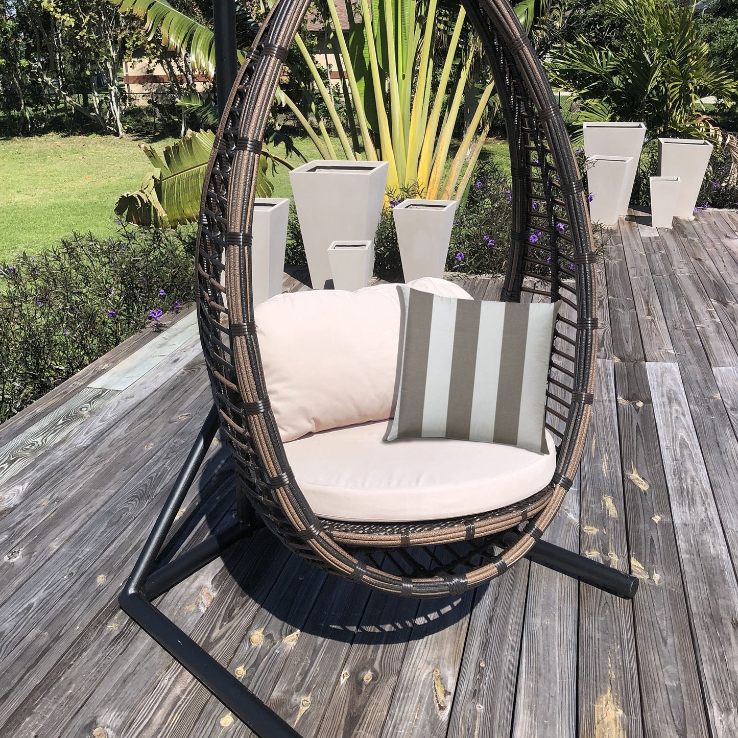 20" Taupe and Ivory Striped Indoor Outdoor Throw Pillow Cover