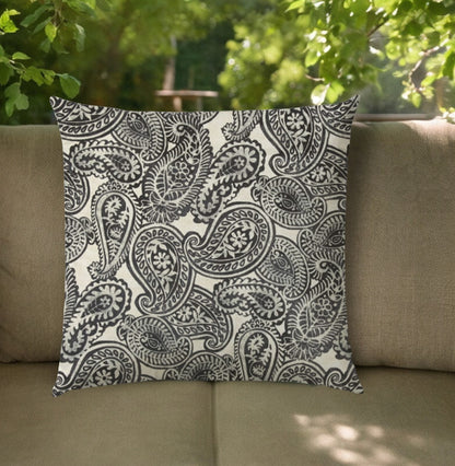 20" Gray Black and Cream Paisley Indoor Outdoor Throw Pillow Cover