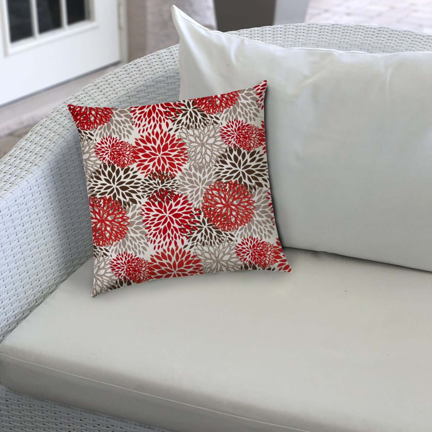 20" Brown and Red Floral Indoor Outdoor Throw Pillow Cover