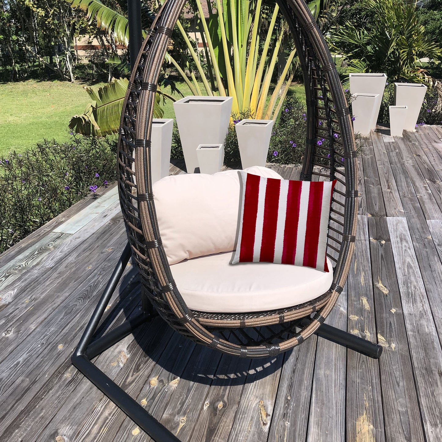 20" Raspberry and White Striped Indoor Outdoor Throw Pillow Cover