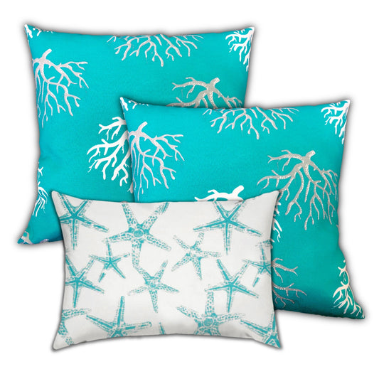 Set Of Three 19" X 19" Ocean Blue And White Zippered Nautical Throw Indoor Outdoor Pillow Cover