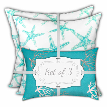 Set Of Three 19" X 19" Ocean Blue And White Zippered Coastal Throw Indoor Outdoor Pillow Cover