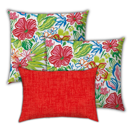 Set Of Three 19" X 19" Red And White Zippered Floral Throw Indoor Outdoor Pillow Cover