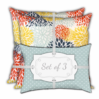 Set Of Three 19" X 19" Seafoam And White Zippered Floral Throw Indoor Outdoor Pillow Cover