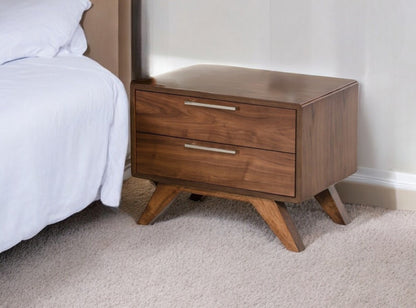 Modern Walnut Brown Nightstand with Two Drawers