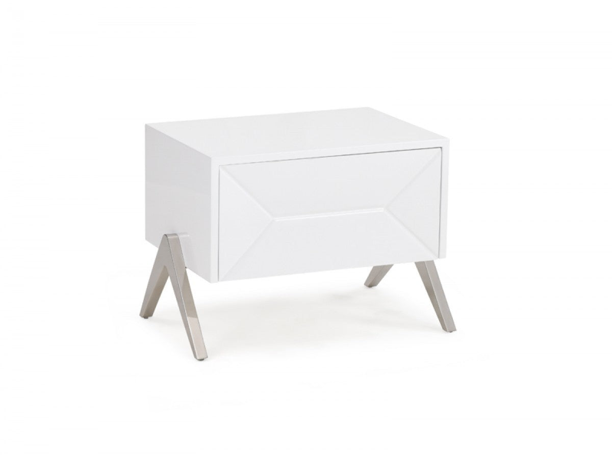 Modern Silky White Nightstand with One Drawer and Steel Legs