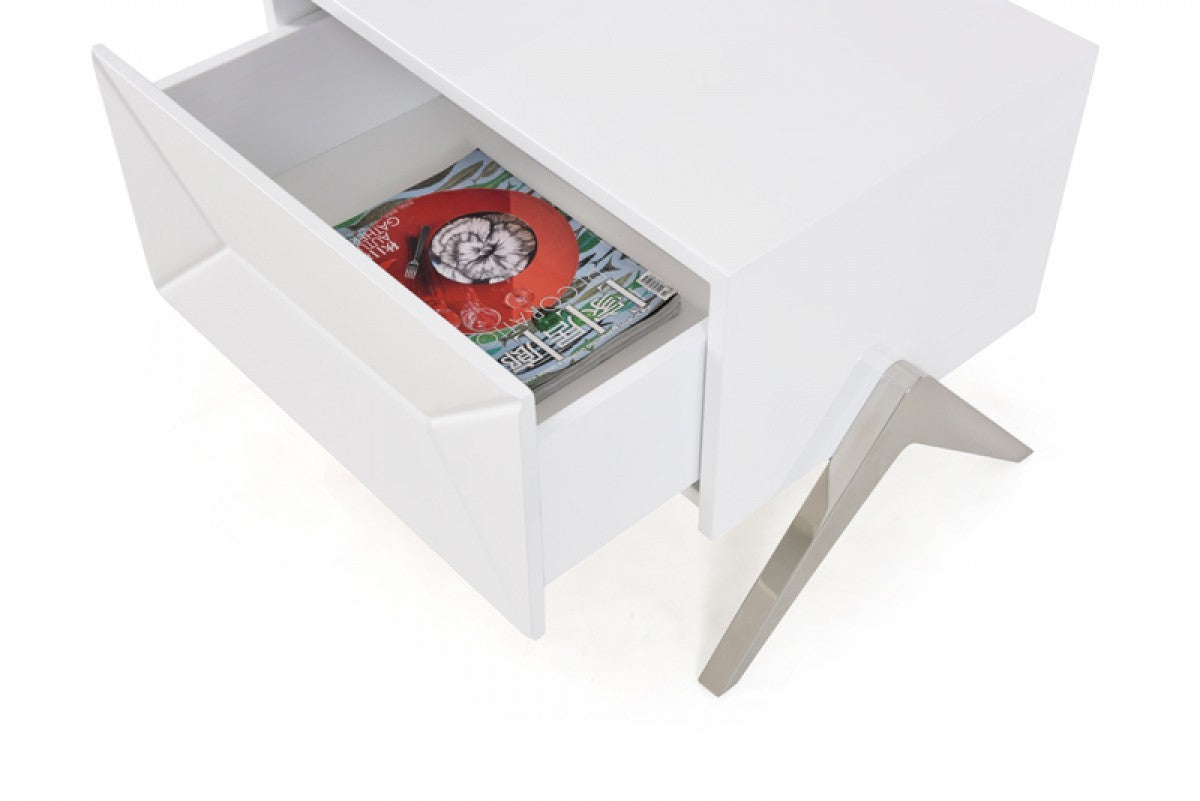 Modern Silky White Nightstand with One Drawer and Steel Legs