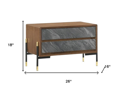 Mid Century Walnut and Gray Faux Marble Two Drawer Nightstand