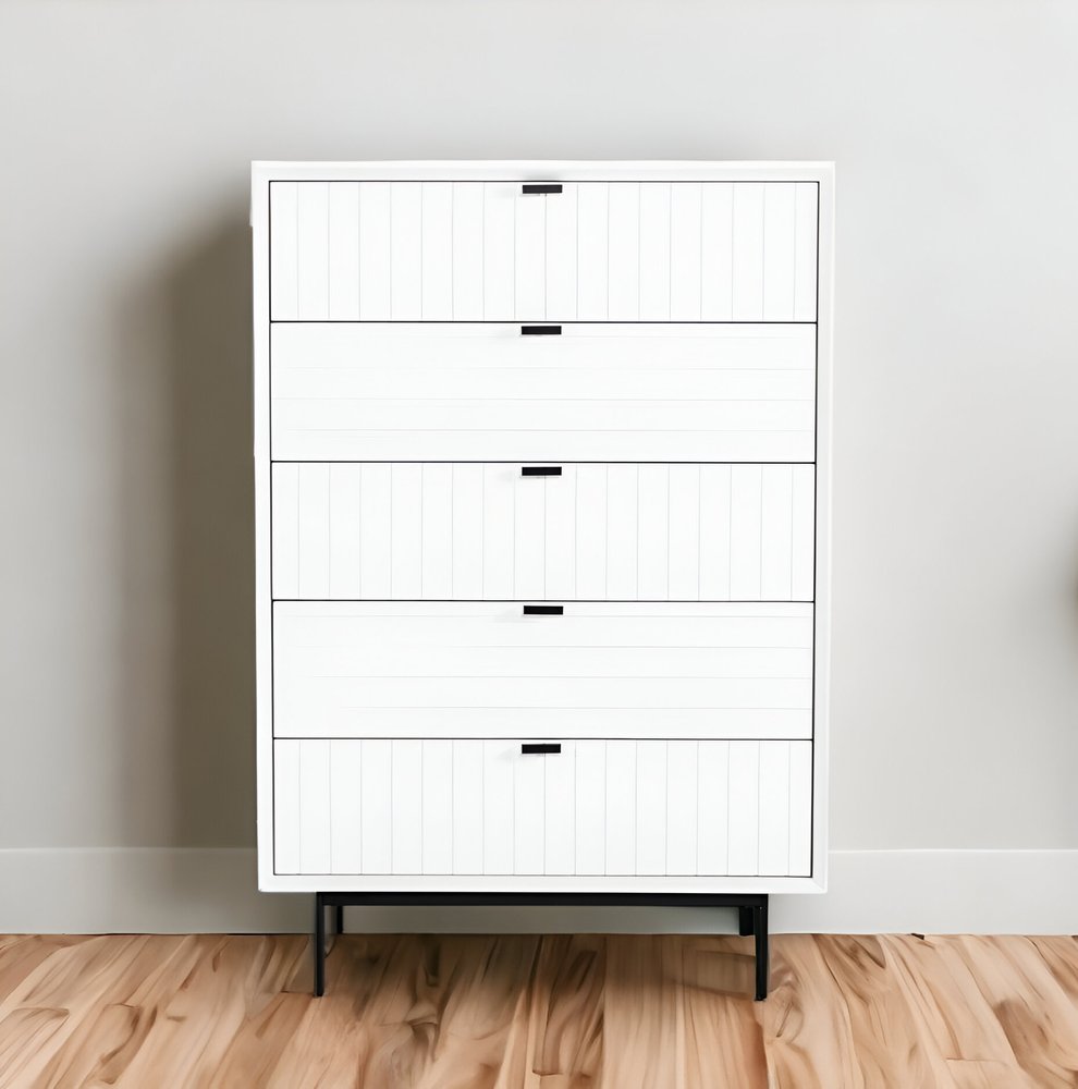 30" White Solid Wood Five Drawer Dresser