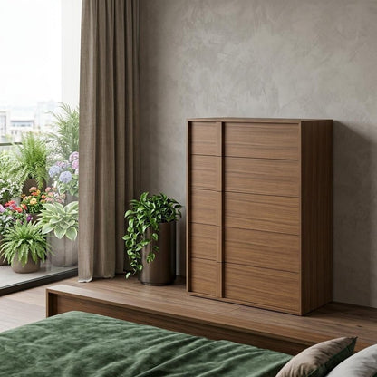 36" Walnut Brown Wood Contemporary Five Drawer Dresser