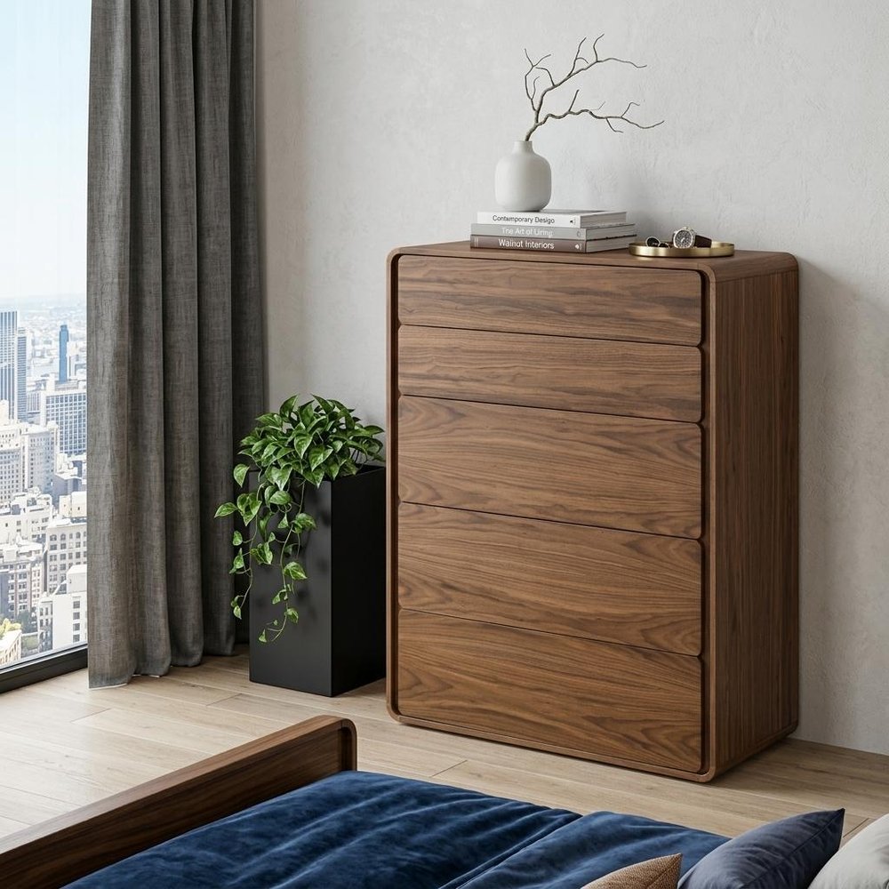 35" Walnut Solid Wood Five Drawer Chest