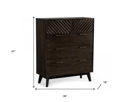 39" Dark Brown Solid Wood Five Drawer Dresser