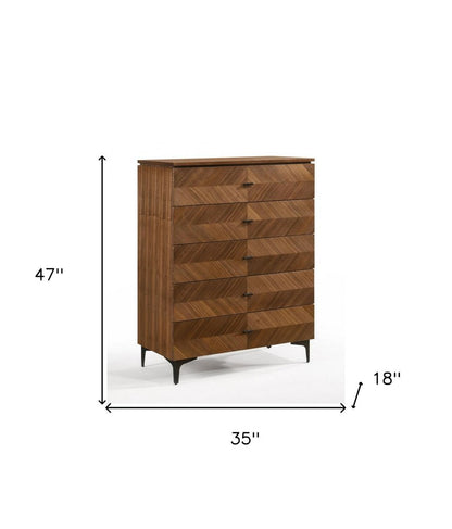 35" Brown Wood Five Drawer Dresser