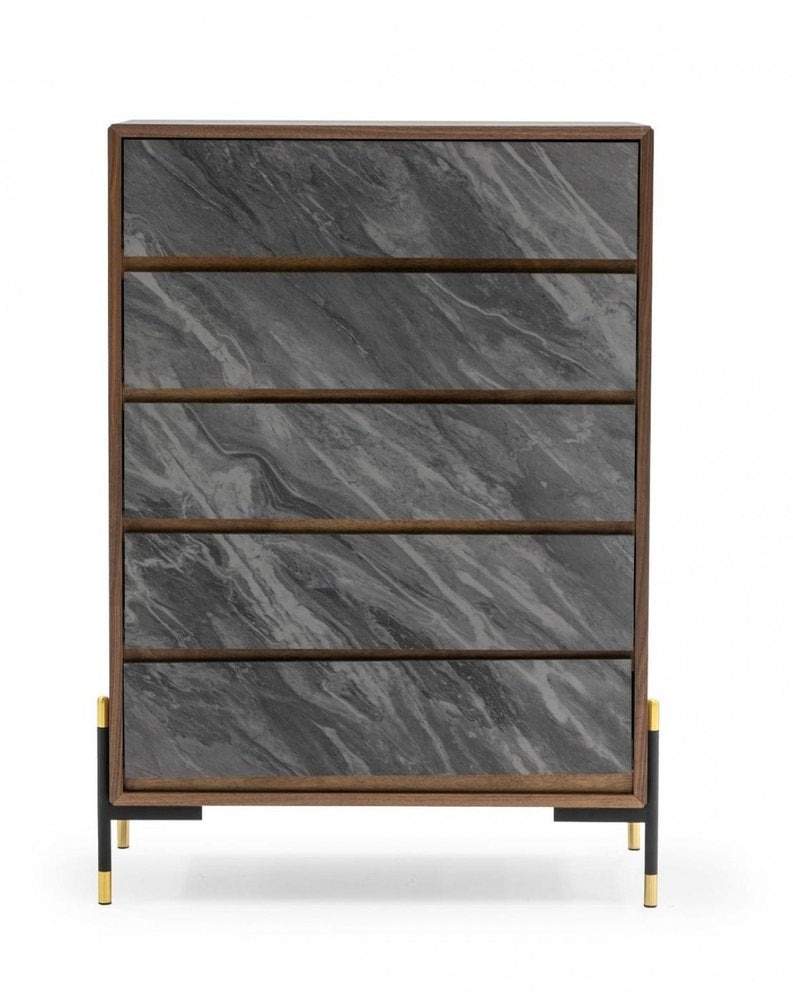 30" Gray And Walnut Faux Marble And Wood Five Drawer Dresser