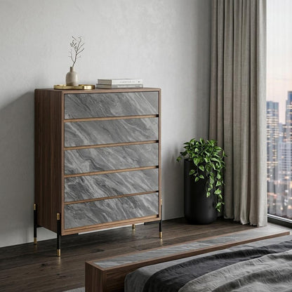 30" Gray And Walnut Faux Marble And Wood Five Drawer Dresser