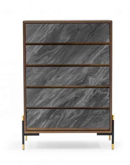 30" Gray And Walnut Faux Marble And Wood Five Drawer Dresser